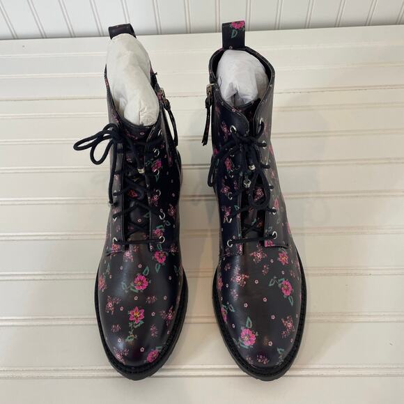 NWT Rebecca Minkoff Black & Pink Ditsy Floral Nappa Gerry Combat Boots Size 9.5 - Picture 2 of 9